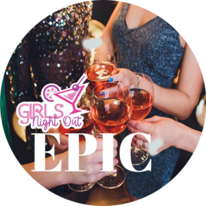 Girls toasting with girls night out epic caption on custom dartboard background